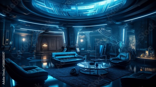 Stunning Blue and Navy Futuristic Interior With a Unique  Award-Winning Design Featuring Intricate Shiny Walls and High-Resolution Digital Art  Generative AI