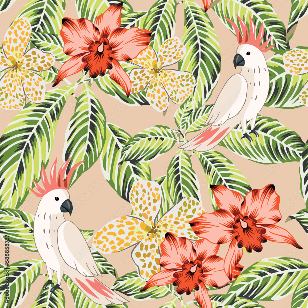 Tropical parrots, green palm leaves, canna, orchid flowers, beige background. Seamless pattern. Vector illustration. Summer beach floral design. Exotic plants and birds. Paradise nature