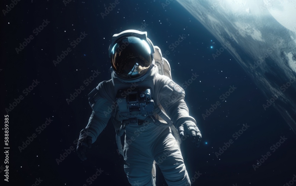 An astronaut in space with the moon in the background.