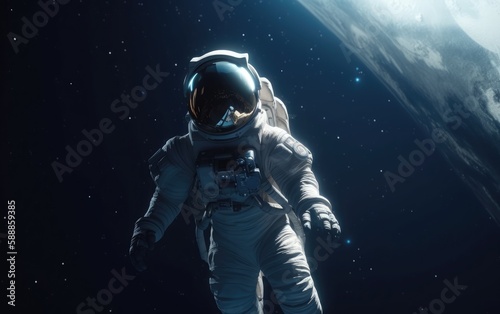 An astronaut in space with the moon in the background. © aimart