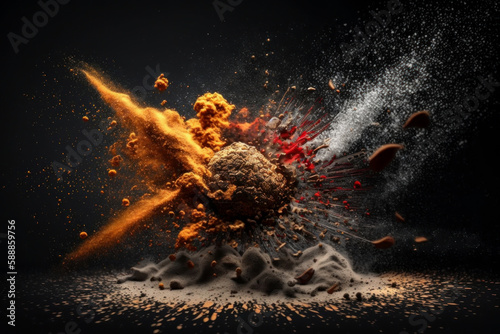 Explosion of spices against a dark background, Generative AI