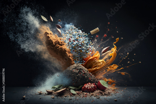 Explosion of spices against a dark background, Generative AI