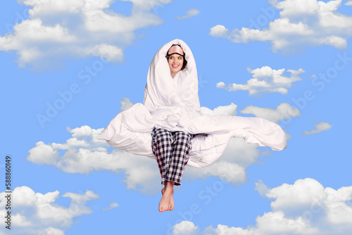 Composite creative collage of young adorable dreaming lady levitate heaven wrapped duvet satisfied wake up morning isolated on painted background