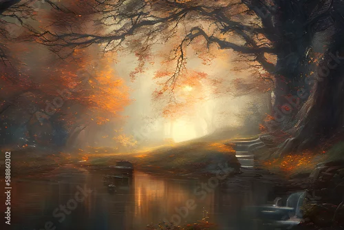 Obraz Jesienne aleje w lesie. Drzewa liściaste. Kolorowe liście jesienią. Bajkowy las. Abstrakcja - Generative AI