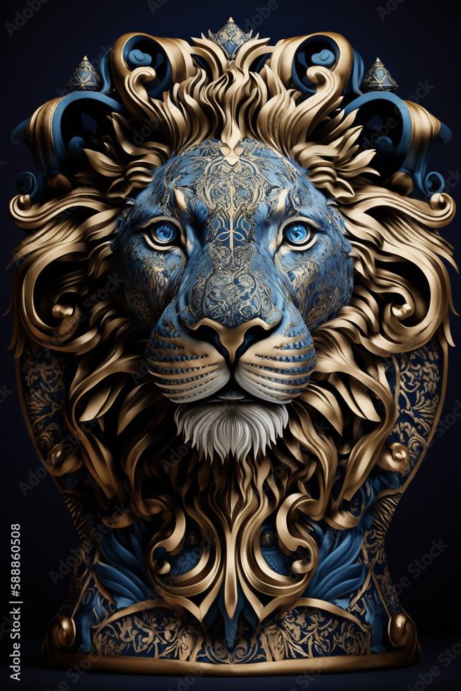 Incredible golden gold feline lion concept statue with intricate pattern design background made of ceramic or porcelain. Majestic metal metallic animal portrait of a wild animal. Ai generated