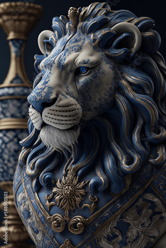 Incredible golden gold feline lion concept statue with intricate pattern design background made of ceramic or porcelain. Majestic metal metallic animal portrait of a wild animal. Ai generated