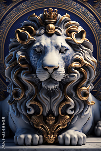 Incredible golden gold feline lion concept statue with intricate pattern design background made of ceramic or porcelain. Majestic metal metallic animal portrait of a wild animal. Ai generated © dragomirescu