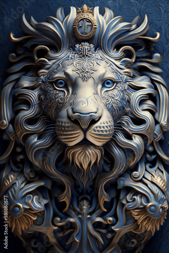 Incredible golden gold feline lion concept statue with intricate pattern design background made of ceramic or porcelain. Majestic metal metallic animal portrait of a wild animal. Ai generated