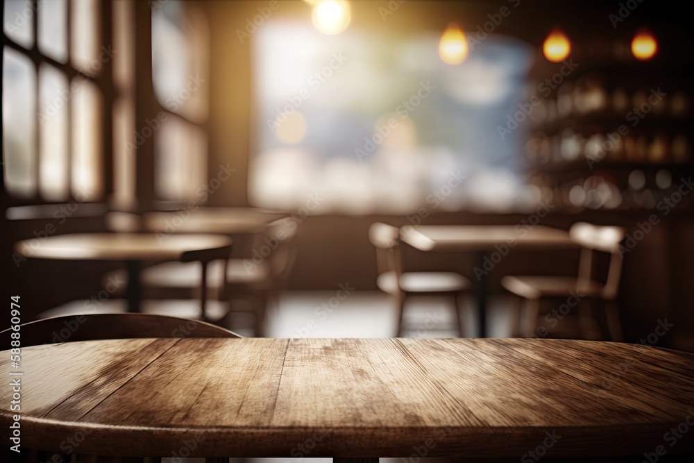 Blurred background of a cafe or restaurant features an empty. ai generative