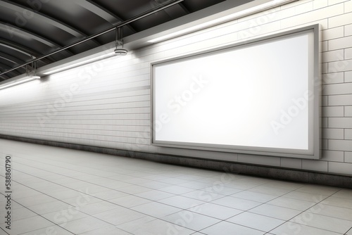 Blank white digital billboard light box in empty subway train station. AI generated