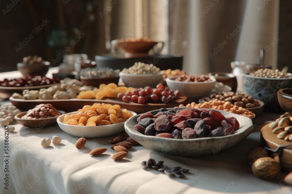 Dried fruits and nuts on a beige ceramic table. AI generated