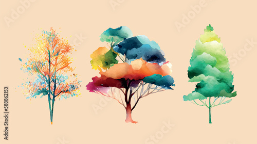 Set of watercolor trees. Collection of colorful plants