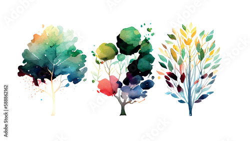 Set of watercolor trees. Collection of hand-drawn plants