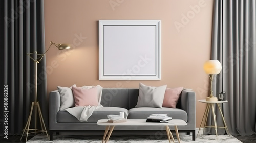 Poster frame mock-up in home interior background with sofa. Generative Ai