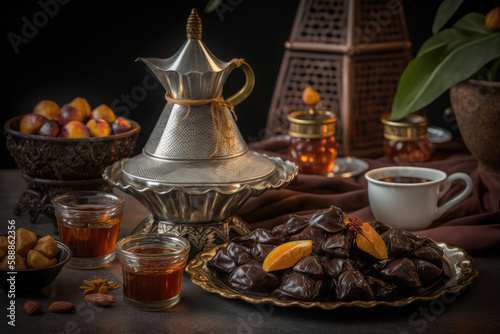 Close up variety of table with arabic food during iftar meal on ramadan AI generated