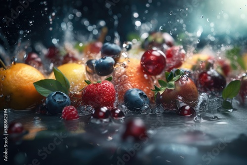 Fruits and berries in sparkling water. AI generated