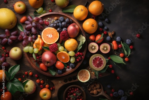 Healthy mixed fruit and ingredients. AI generated