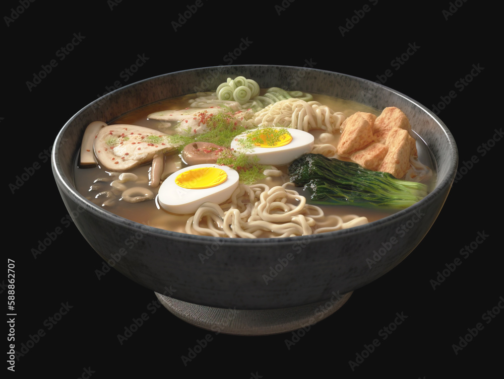 Ramen soup with noodles, leek, nori, soft egg and chashu chicken on a dark background. Chopsticks hold noodles. Ramen soup with noodles, leek, nori, soft egg and chashu chicken on a dark background. Chopsticks hold noodles.
