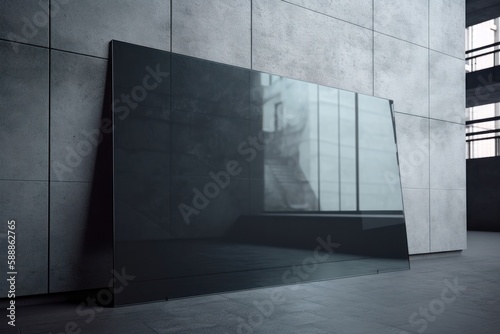 Blank black glass signplate on textured wall. AI generated photo
