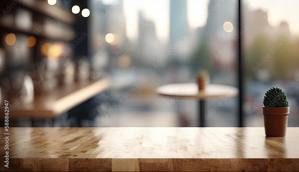 Blank empty wooden bar tabletop focused with blurry bokeh light of city scape, building view  background, for mock up and montage product display advertisement, with Generative AI.