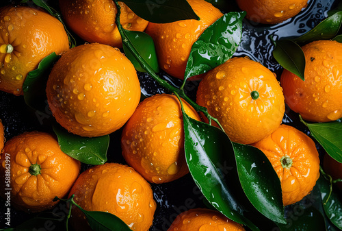 Seamless background many ripe orange tangerines with green leaves visible water drops