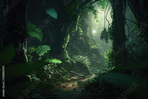 Dark rainforest sun rays through trees with dense fog digital illustration AI generated