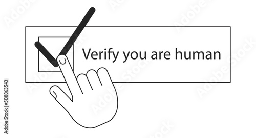Human verification black and white concept vector spot illustration. Editable 2D flat monochrome cartoon hand for web design. Creative line art idea for website, mobile, blog. Myriad Pro font used