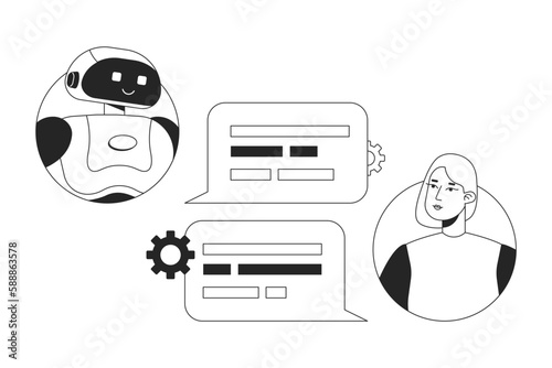 Conversational AI chatbot black and white concept vector spot illustration. Editable 2D flat monochrome cartoon characters for web design. Virtual tool line art idea for website, mobile, blog