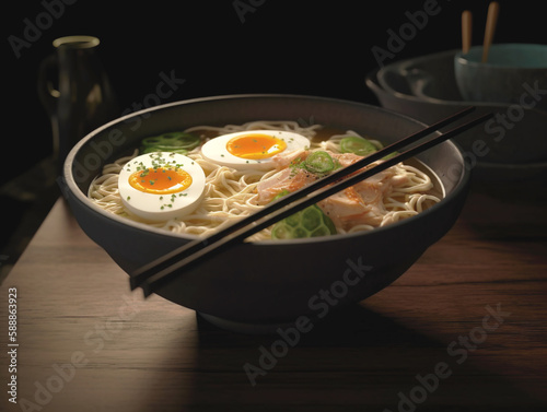 Ramen soup with noodles, leek, nori, soft egg and chashu chicken on a dark background. Chopsticks hold noodles.