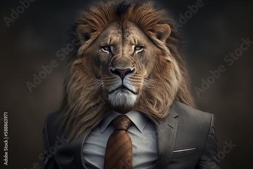 Lion in a suit and tie on a dark background. Business concept. Generative AI