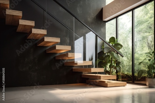 Modern, elegant L shape wood cantilever stair with black granite base staircase. AI generated