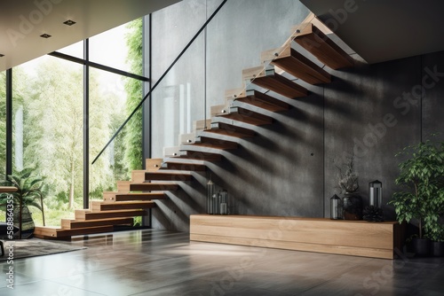 Modern, elegant L shape wood cantilever stair with black granite base staircase. AI generated photo