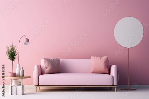 a living room with a sofa  an outdoor plant  and a floor lamp. For your art and print mockup  interior scene  and wallpaper mockup needs  use empty walls with a frame. isolated on the color pink