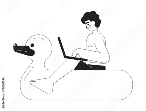 Remote freelancer working from anywhere monochromatic flat vector character. Linear hand drawn sketch. Editable person. Simple black and white spot illustration for web graphic design and animation