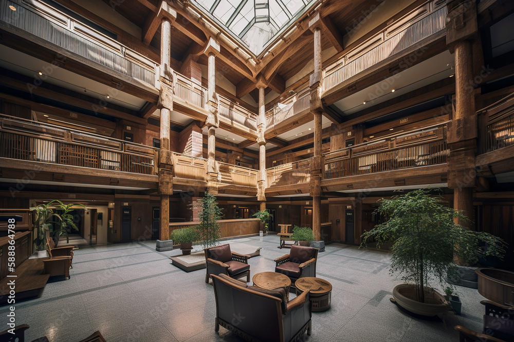 Generative AI illustration of Experimental Architecture Design, massive open atrium, timber frame, grandeur, tall ceilings