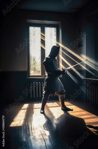 Generative AI illustration of man training fencing in a dark room with rays of light coming through a window.