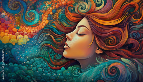 Girl's Face with Swirled Colorful Hairstyle and Bubbles
