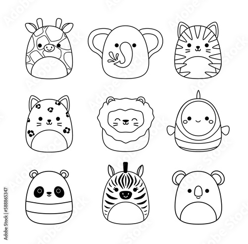 African and Australian animals Coloring page Squishmallow Black and white animals Vector