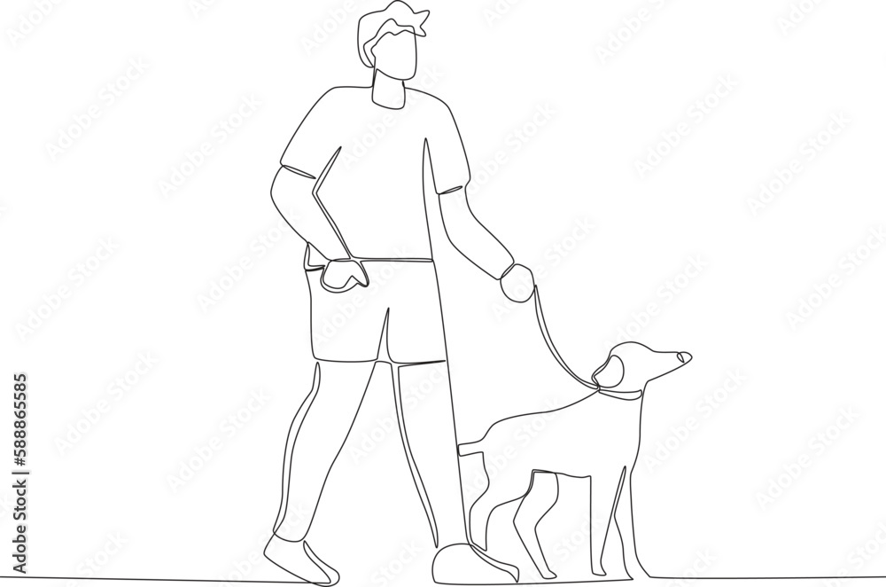 A man walking casually with a cute dog. Walking or playing with dog one-line drawing