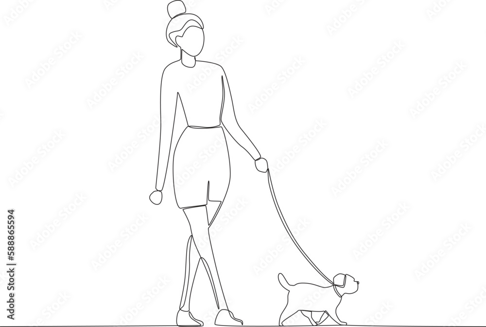 A woman holding her puppy by the collar. Walking or playing with dog one-line drawing A woman holding her puppy by the collar. Walking or playing with dog one-line drawing