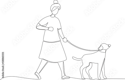 A woman walking with her dog. Walking or playing with dog one-line drawing © stlineart