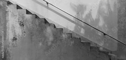 white steps with railing isolated on white background. side view. stone staircase. white backdrop. Concrete steps . sunlight and shadow. side view.