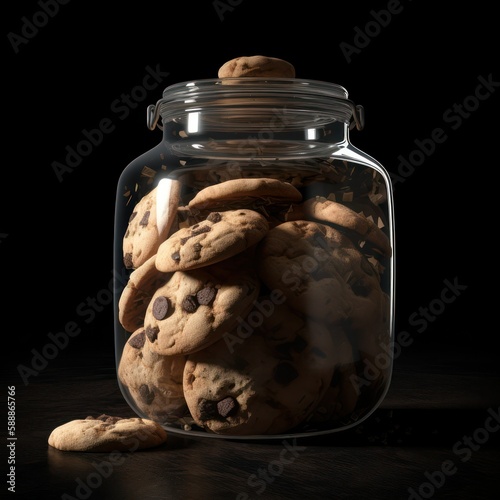 Fototapeta We're going to have cookies with pieces of chocolate in a glass jar on a dark background