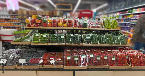 Fresh vegetables ready for sale in supermarket. Various vegetables in a large supermarket. various fresh vegetables in a large superstore. red tomatoes, green cucumber, sweet pepper. plastic packaging