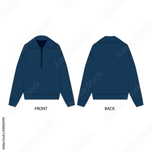 Vector drawing of a sweater with a zipper in front in blue. Sweatshirt template with zipper, front and back view. Outline drawing of a sports jacket with a zipper.