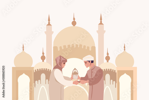 Joyful Muslim men and women celebrating together, exchanging presents, engaging in charitable acts, and extending congratulations to one another, with a mosque silhouette backdrop. Vector. 