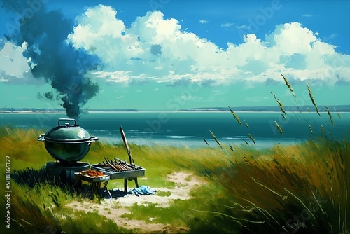 Bbq on a lake in summer, cloudy, painted. Created using generative AI.