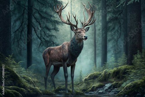 Deer in a forest at dawn. Created using generative AI.