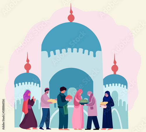 Joyful Muslim community and celebrating together, exchanging presents, engaging in charitable acts, and extending congratulations to one another, with a mosque silhouette backdrop. Vector.