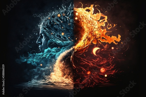 Fire and water synergy, womens head made out of water. Created using generative AI.